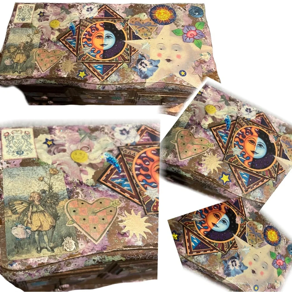 Vintage OOAK Handmade Decoupaged Y2K Moon & Sun Fairy Art on Wooden Jewelry Box